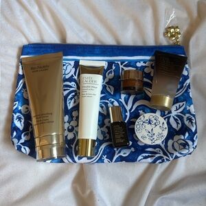 Estee Lauder Skincare and Makeup Set with Blue Floral Bag